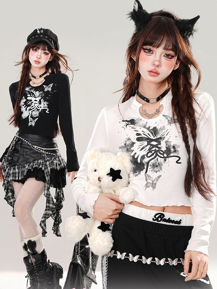 Black/White Lace Butterfly at Back Graphic Cropped Top