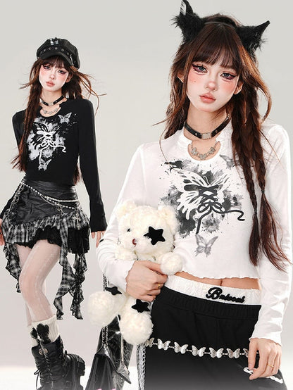 Black/White Lace Butterfly at Back Graphic Cropped Top