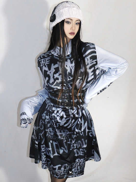 Gyaru-Kleid mit modischem Print in Grau