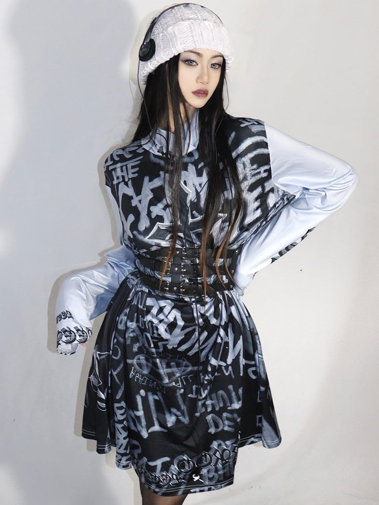 Modedruck Gyaru Kleid Grau Buchstabe