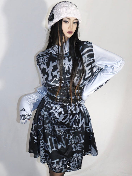 Modedruck Gyaru Kleid Grau Buchstabe