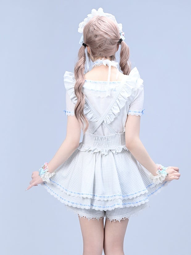 Blue Gingham Ryousangata Fashion Overall Skort with Rhinestone Bow & Lace Details - Broken Bear