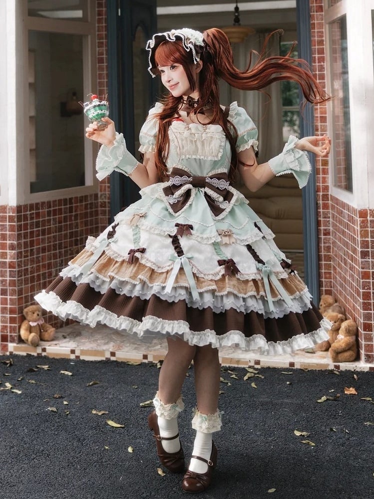 Neckline Bowknot Puff Dress Chocolate Sleeves Details Green Lolita Mint and Square Sweet
