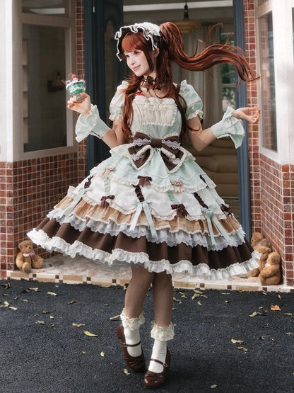 Neckline Bowknot Puff Dress Chocolate Sleeves Details Green Lolita Mint and Square Sweet
