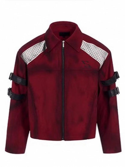 with Buckle Strap Jacket Design Distressed Unisex Short Red