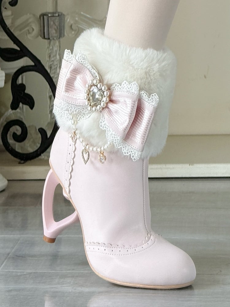 Sakura Pink Plush Boots - Cuff Heel Heart