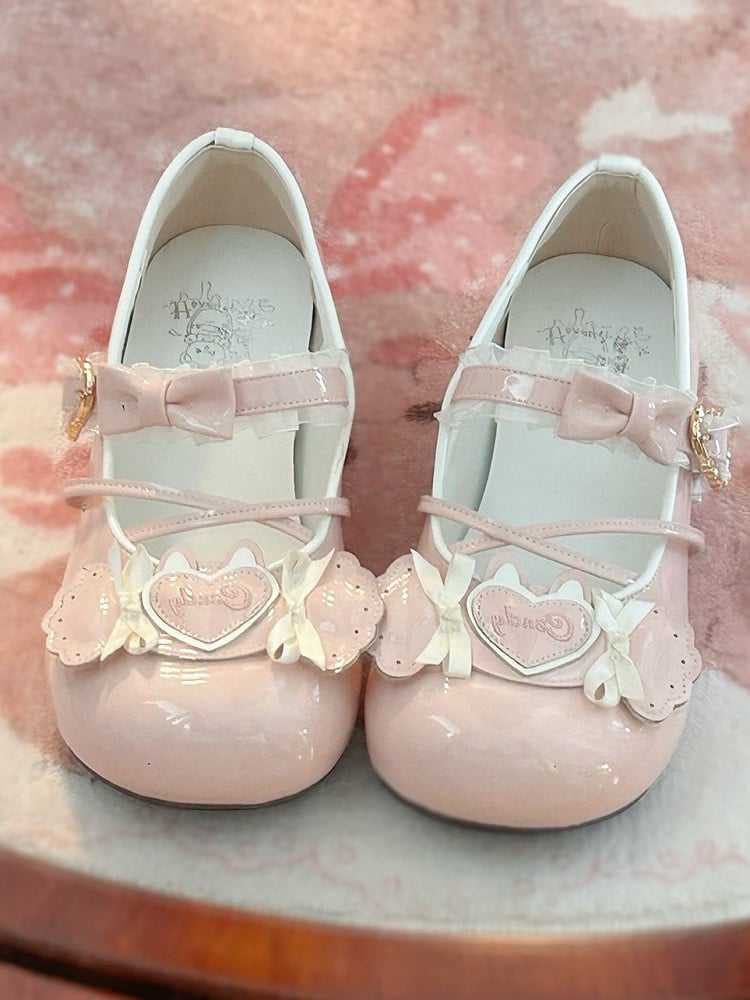 Lolita Toe Candy Janes Details with Heart Themed Low-heel Mary Sweet Round Pink
