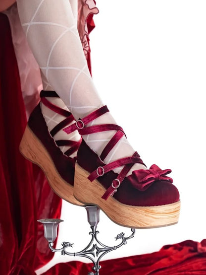 Riemen Mary Crisscross - Plattform Samt Akzente Lolita Schleife Wein Sweet Red Janes