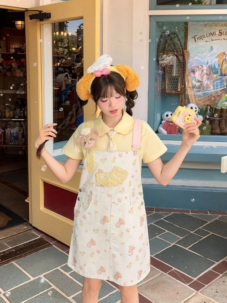 前立て刺繍のライトタイ、花びらの襟、ビスケットハートボタン、ブラウス（イエロー）