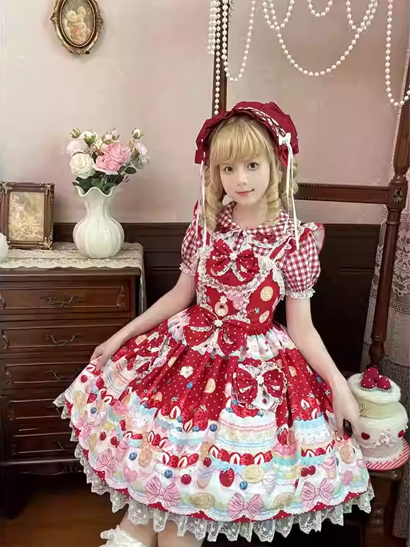 スイートなチェック柄ブラウス（レッド/ピンク）ピーターパンカラー レーストリム ロリータ