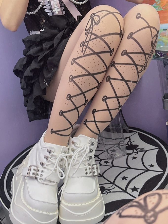 Tights Print Straps Y2K Lace-up Nude
