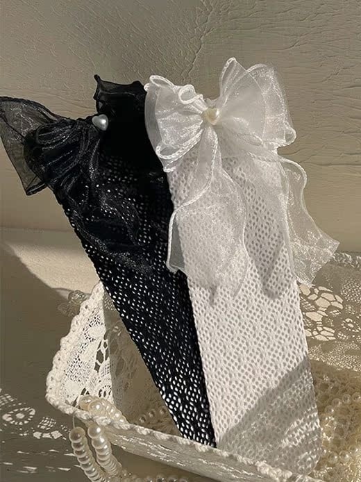 Socks Heart White/Black Lace Cutout Ribbon Bow Calf