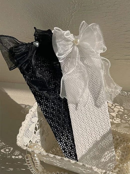 Socks Heart White/Black Lace Cutout Ribbon Bow Calf