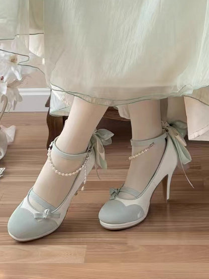Green for Chain Lolita and with Charm Lace Back Beaded Elegant White Mid/High Trim Detachable Heels Bow Accent