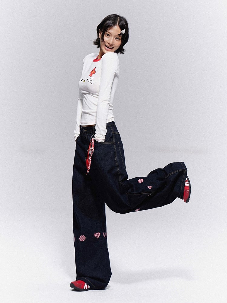 Heart Denim Black with Embroidery Vintage Wide-Leg Trousers Plaid