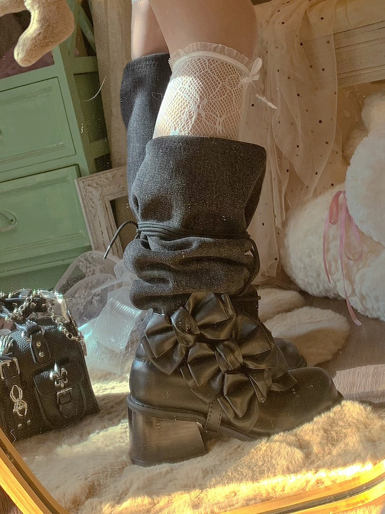Lacing Boots Mid-heel Stacked Accents Bow - Design Black Bittersweet