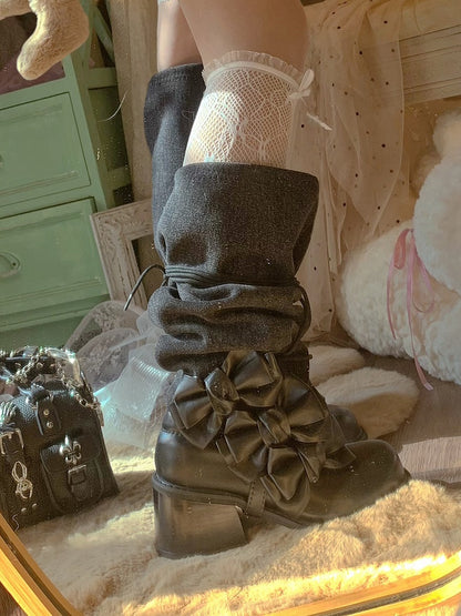 Lacing Boots Mid-heel Stacked Accents Bow - Design Black Bittersweet