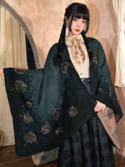 with Goth Design Open Leaf Green - Dark Cheongsam Style Print Placket Shawl