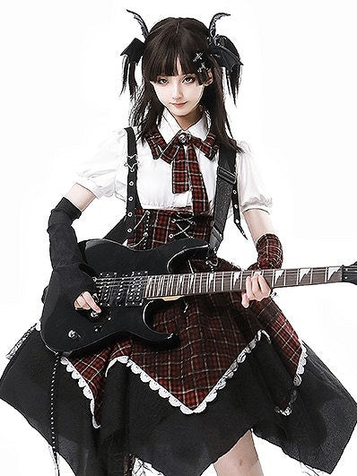 Plaid Punk Detachable Sleeves Black Red Lolita
