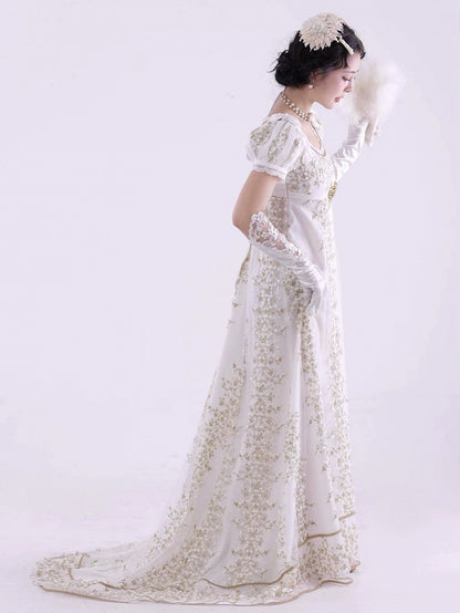 Weißes, elegantes Lolita-Maxikleid mit Empire-Taille und Blumenmuster, bodenlange Version