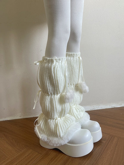 Ribbon Knitted Pom-Pom White/Black Plush-Trimmed Decorations and with Warmers Leg