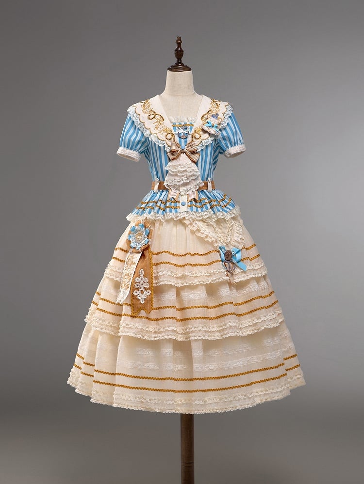 Embroidered Collar Sailor Top and Layered Skirt Set - Twin Bear Original Design