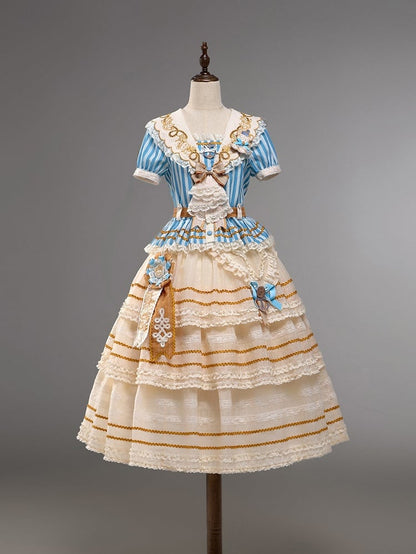 Embroidered Collar Sailor Top and Layered Skirt Set - Twin Bear Original Design