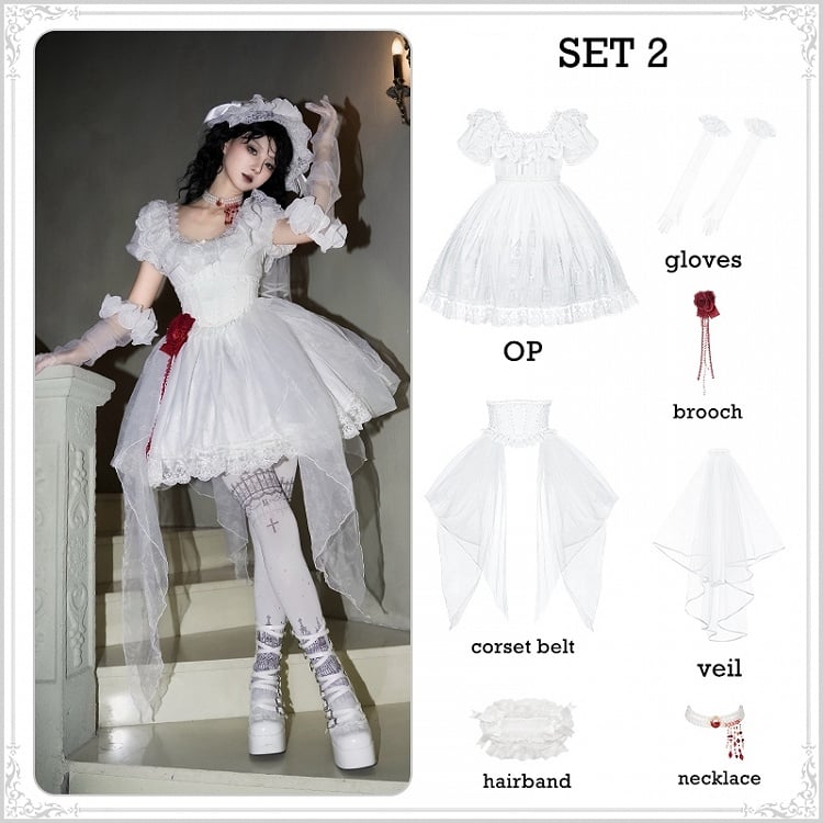 Set Full Short Dress Goth High White Version OP Castle Print Waist Lolita