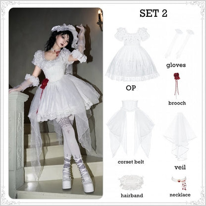 Set Full Short Dress Goth High White Version OP Castle Print Waist Lolita