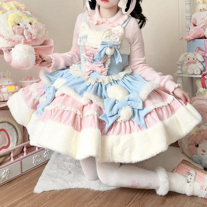Winter Dress Ears Lolita Sweet Blue and Kitty Neckline Pink Plush