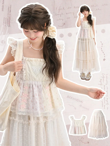 Rosa Tanktop mit flatternden Ärmeln, Schleife und Rüschen, Blumenmuster, Spitzenbesatz