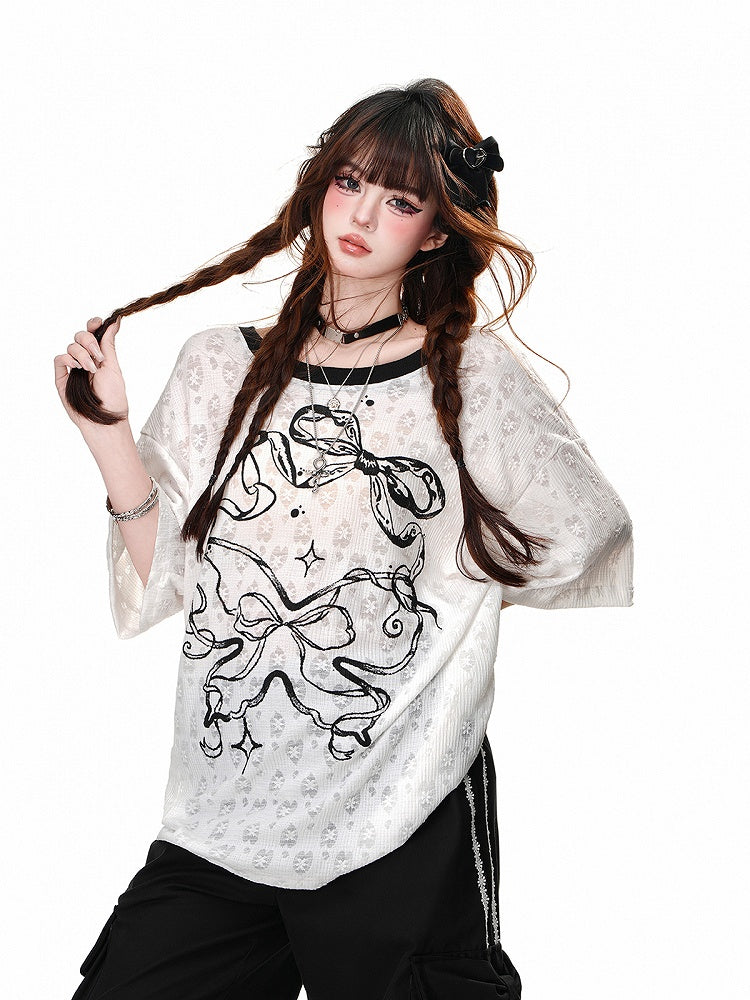 Blue/White Semi-sheer Bowknot Print Backless T-Shirt with Bow