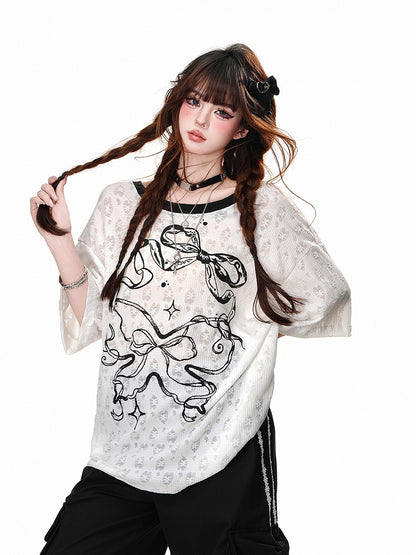 Blue/White Semi-sheer Bowknot Print Backless T-Shirt with Bow