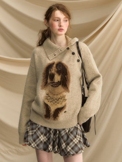 Vintage-Inspired Asymmetrical Neckline Sweater with Plush Sausage Dog Design Apricot/Dark Gray