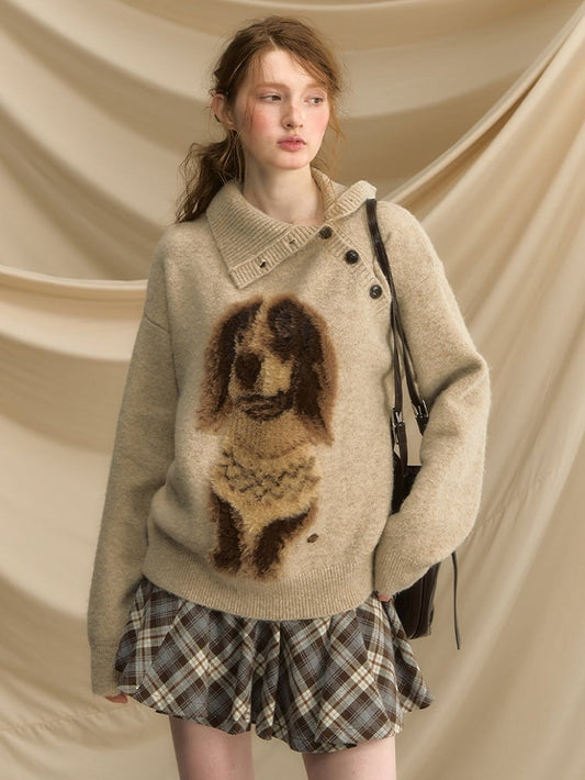 Vintage-Inspired Asymmetrical Neckline Sweater with Plush Sausage Dog Design Apricot/Dark Gray