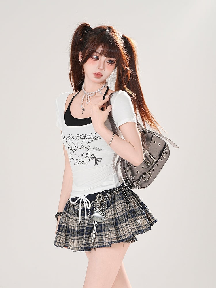 Black Drawstring Waist Mini Plaid Skirt