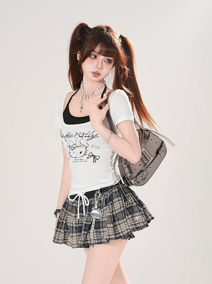 Black Drawstring Waist Mini Plaid Skirt