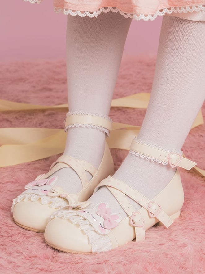 Lolita Lace Trim Bowknot Crisscross Shoes Design Applique Details Yellow Polka-dot Pattern Bunny Sweet