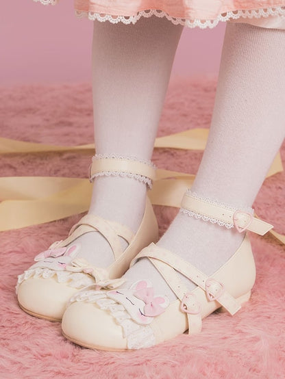 Lolita Lace Trim Bowknot Crisscross Shoes Design Applique Details Yellow Polka-dot Pattern Bunny Sweet