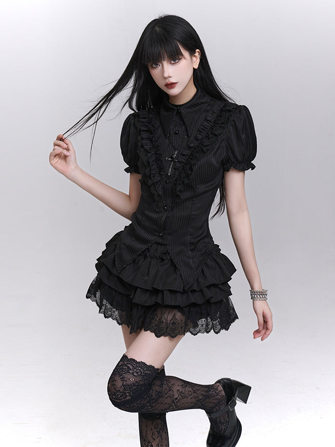 Pointed Flat Collar Curved Hem Gothic Puff Sleeves Blouse Pattern Black Striped