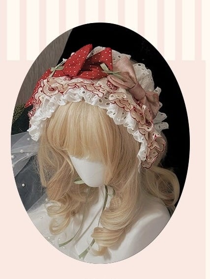 Wine Red Polka Dot Hairband with Bow and Lace Trim - Unfinished Fairy Tales