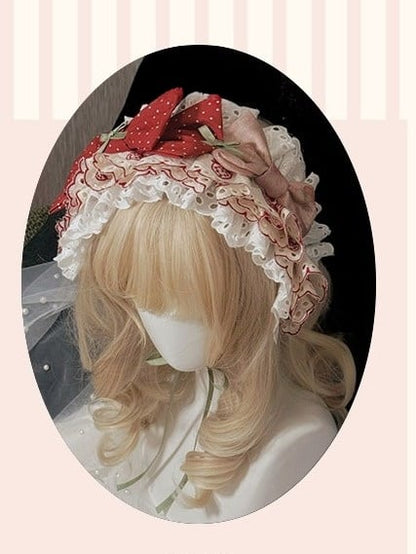 Wine Red Polka Dot Hairband with Bow and Lace Trim - Unfinished Fairy Tales