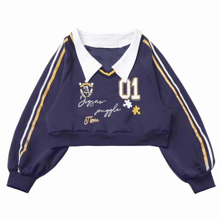 Collared Sweatshirt Preppy Cropped with Print Number Blue Dark Shield Patch