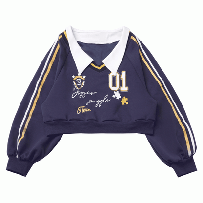 Collared Sweatshirt Preppy Cropped with Print Number Blue Dark Shield Patch