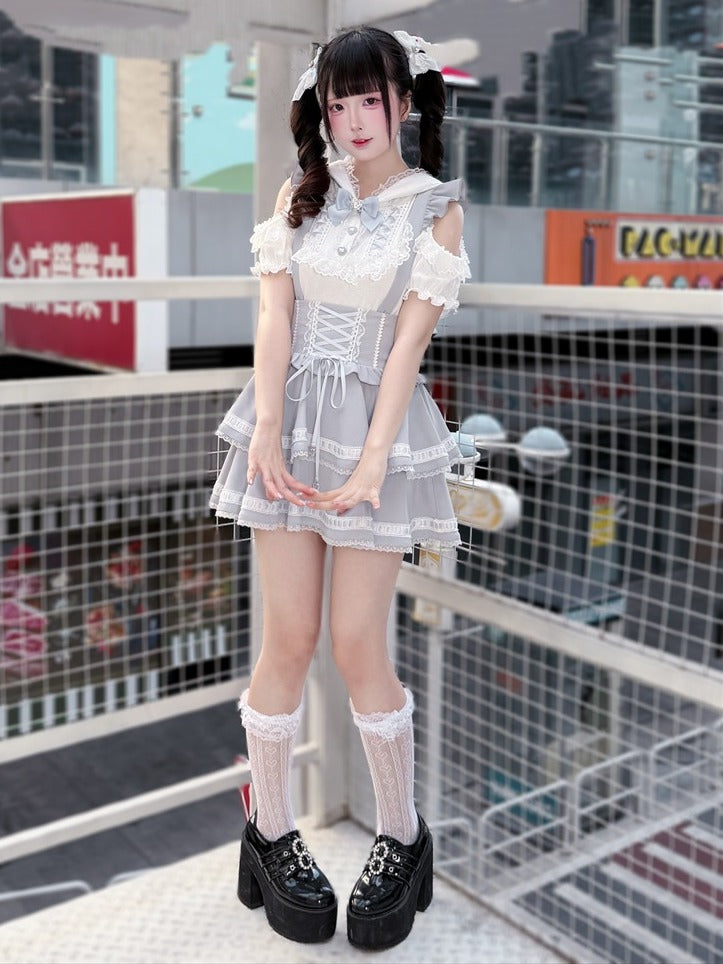 Light Dusty Blue Double-Layer Overall Skirt with Lace Trim - Puppet Bombs