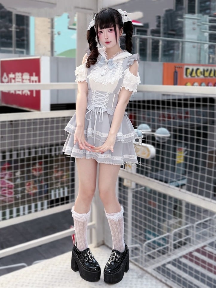 White & Light Blue Cutout Shoulder Bunny Ear Hooded Jacquard Knit Top with Lace and Bow Details - Puppet Bombs