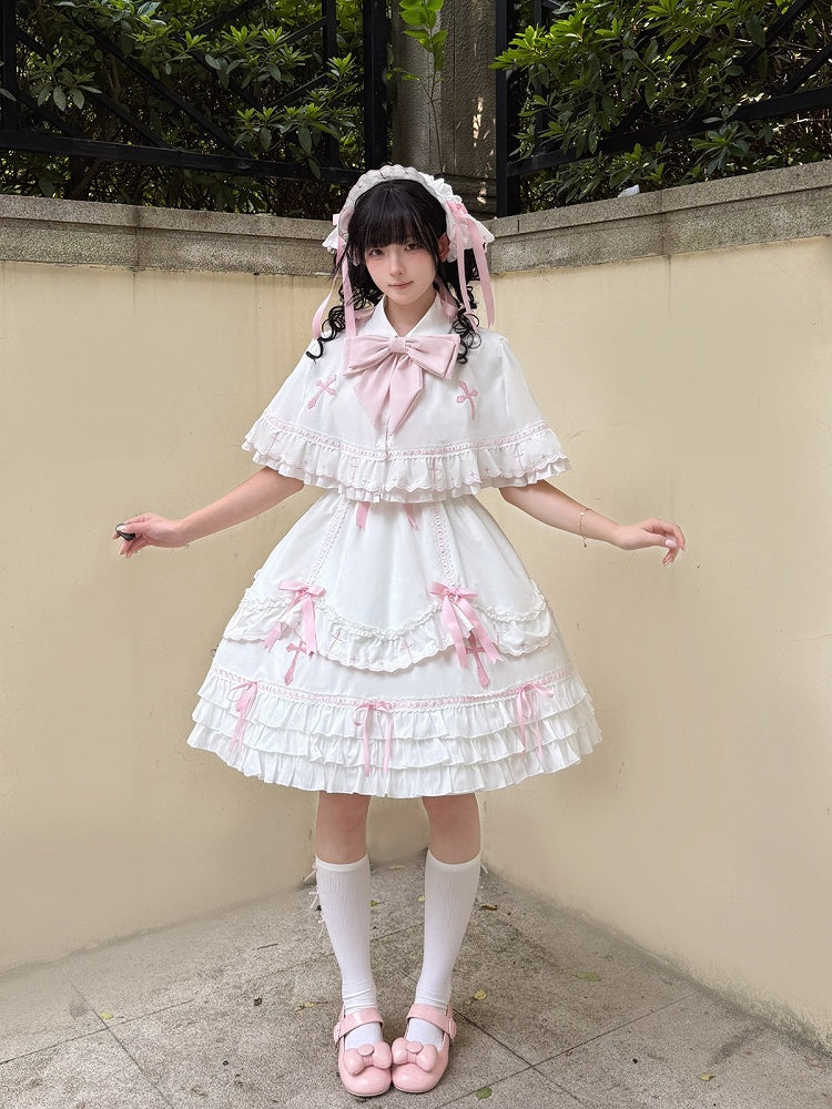 Sweet Short Sleeve Peter Pan Collar Lolita OP with Bow Accents in Pink & White - MUYU