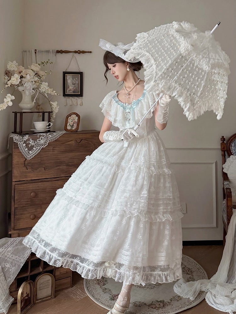 Classic White & Blue Lolita Long JSK Gown with Butterfly Bow and Layered Skirt - Miss Cube Dressworks