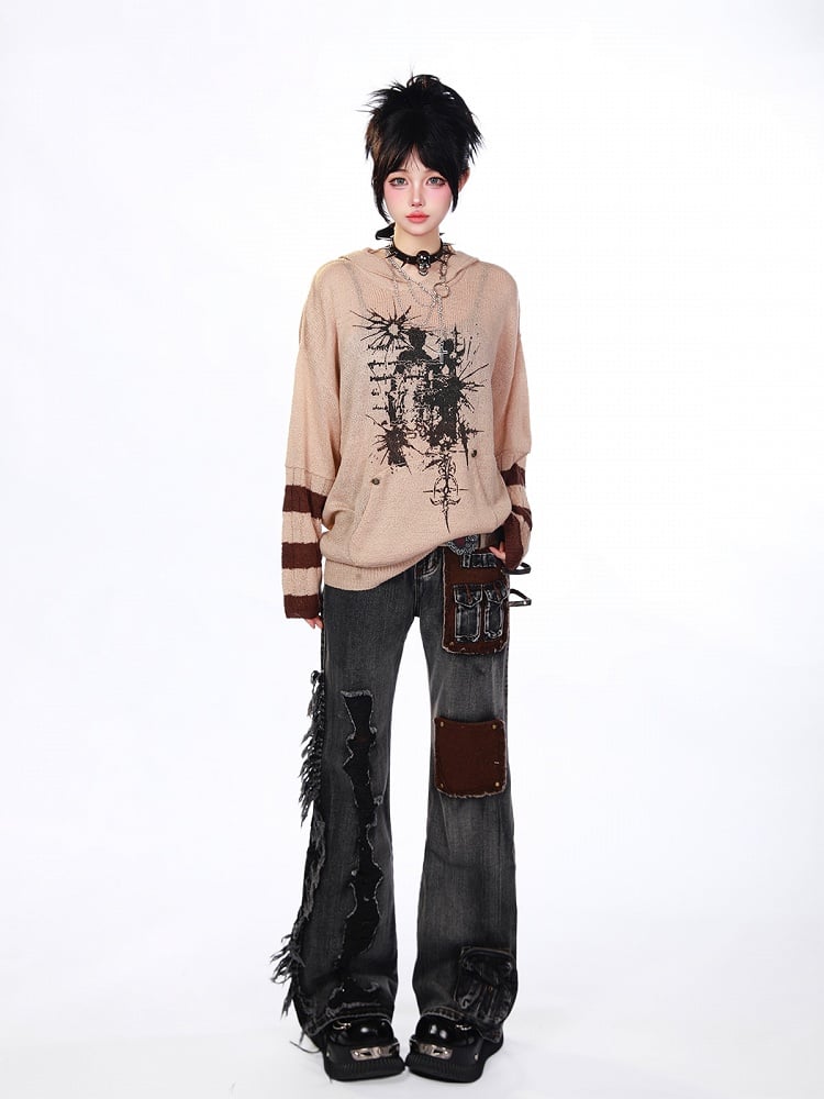 Gray Flared Wide-Leg Jeans with Distressed  Raw Hem Details