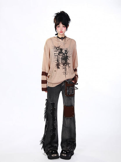 Gray Flared Wide-Leg Jeans with Distressed  Raw Hem Details